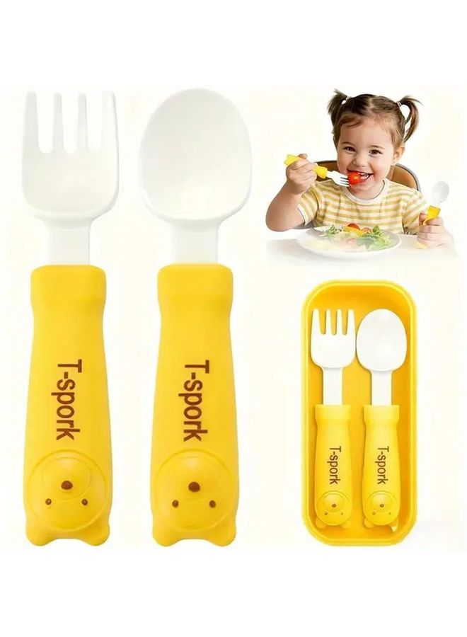 Yellow Kids Utensil Set Adjustable Length Self Feeding Training Tableware Portable Case Home Travel Gift - Image 1